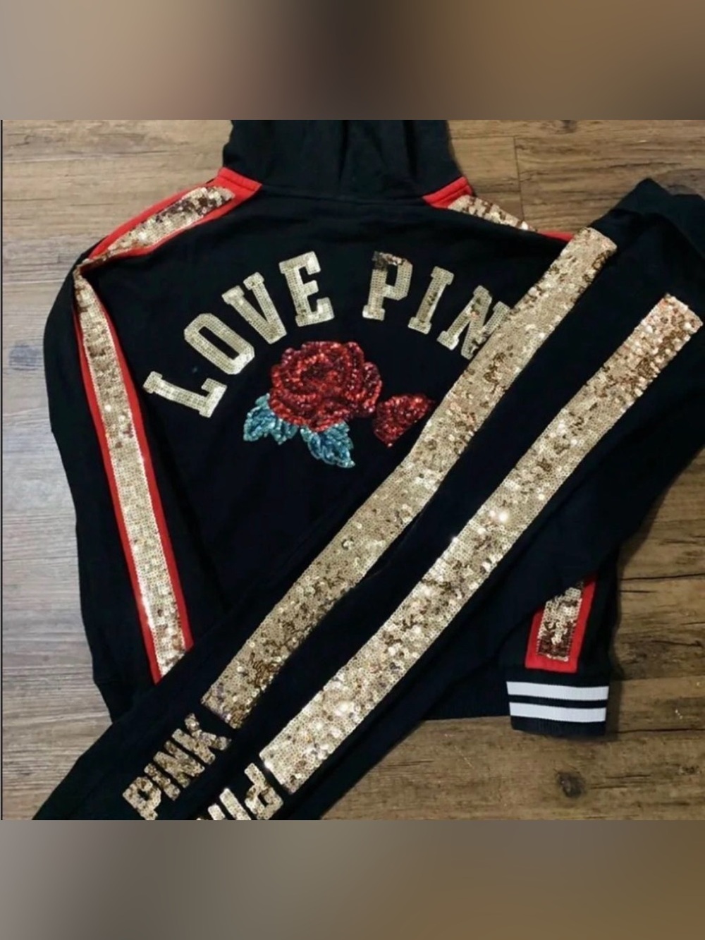 PINK VS 2017 FASHION SHOW BLING ROSES HOODIE AND YOGA LEGGINGS SET L